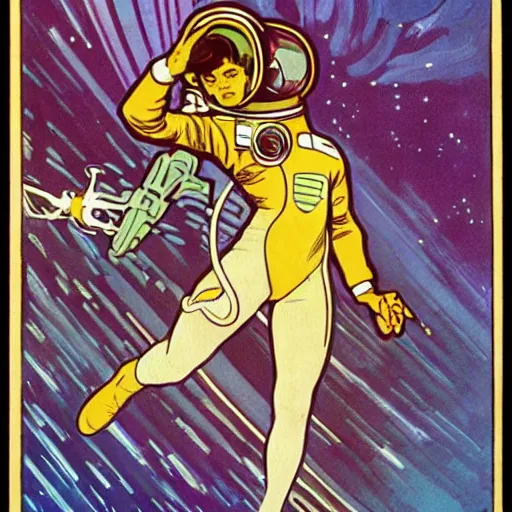 Image similar to a woman with straight brown hair, floating in space. she is an astronaut, wearing a space suit. well composed, clean elegant painting, beautiful detailed face. comic book art by steve ditko and jack kirby and ( alphonse mucha )