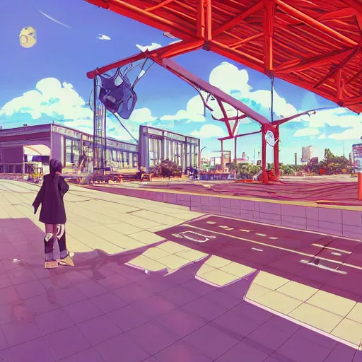 Prompt: mall, truss building, red trusses, complex truss roof, building, geodesic building, cel - shading, 2 0 0 1 anime, flcl, jet set radio future, the world ends with you, bright sunshine, cel - shaded, strong shadows, vivid hues, y 2 k aesthetic, art by artgerm