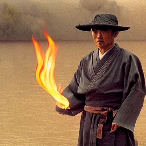 Prompt: cinematic film still of PontiacMadeDDG starring as a Japanese Sensei with fire, Japanese CGI, VFX, 2003, 40mm lens, shallow depth of field, film photography