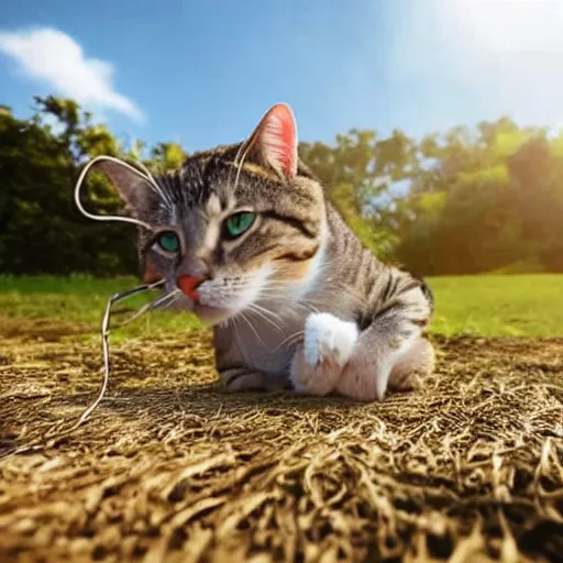 Prompt: a domestic house cat clinging onto the bottom of a string tied to a balloon in the blue sky