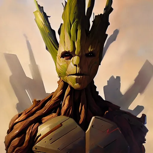 Image similar to greg manchess portrait painting of armored groot as overwatch character, medium shot, asymmetrical, profile picture, organic painting, sunny day, matte painting, bold shapes, hard edges, street art, trending on artstation, by huang guangjian and gil elvgren and sachin teng