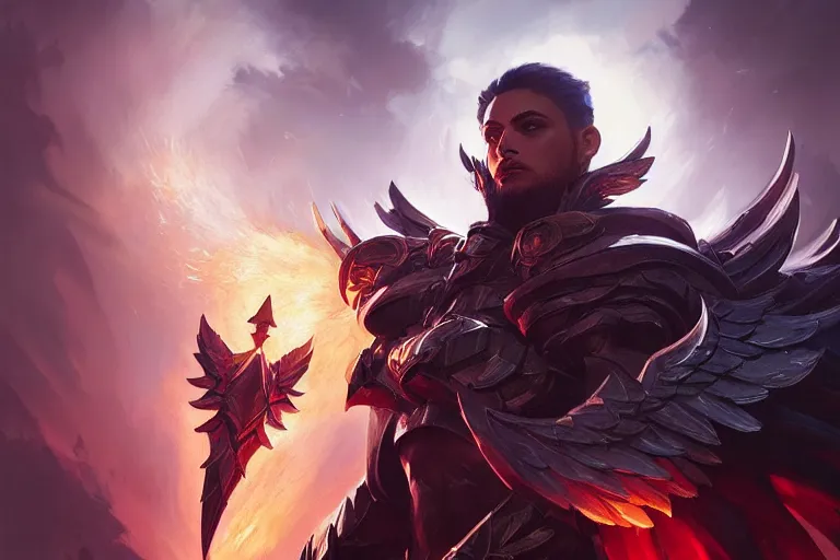 Image similar to amazing portrait of archangel micheal, league of legends splash art, deiv calviz, splash art, natural light, elegant, intricate, fantasy, atmospheric lighting, by greg rutkowski, league of legends splash art, hd wallpaper, ultra high details