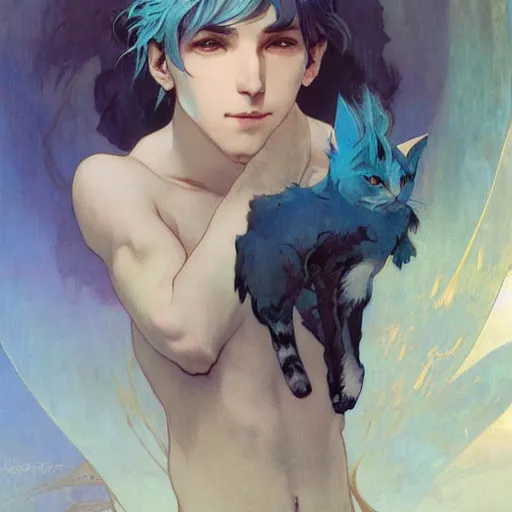 Image similar to Portrait of a pretty fantasy catboy with blue hair and cute small cat ears. Art by Greg Rutkowski and Alphonse Mucha