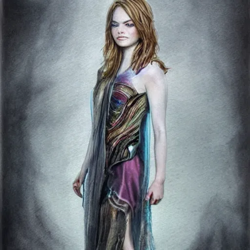 Prompt: hyper realistic pencil drawing of emma stone full body portrait, water color, as an eldritch princess, cloak, fantasy, dark, stunning, detail, sharp