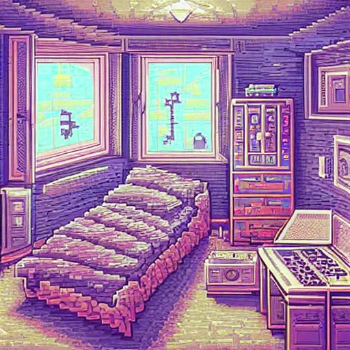 Prompt: 9 0 s bedroom, beautiful detailed pixelart by albertov, intricate details, beautiful, dithered gradients, volumetric lighting, cgsociety, artstation, smooth, sharp focus, 2 d illustration, amazing art by dan mumford, old school computer game graphics, crpg, d & d, pixel art