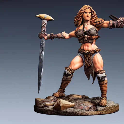 Prompt: A D&D tabletop miniature of a muscular female barbarian berzerker, with cloth fur and leather hide armor, with axe, masterpiece sculpt on a round base with dirt rocks and grass, realistic, product photo, dramatic lighting, by Frank Frazetta, Artgerm, Simon Lee, Joe Jusko, Disney Infinity