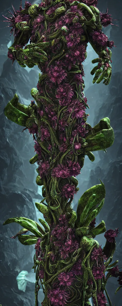 Image similar to visceral exoskeletal formations surrounding of aliens flowers and plants, mythical ancient life, concept art, dramatic contrast photorealistic lighting, surreal, hyper detailed, cycles 3 d render, 8 k