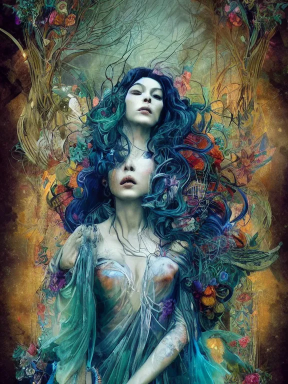 Prompt: Full view Bohemian Maiden Spirit of the woods in a beautiful dress, 4k digital illustration by Ruan Jia and Alberto Seveso, art nouveau iconography background, tarot card, stunning portrait, amazing magnificent mystical illustration, award winning art, vivid and vibrant, rim light, intricate details, realistic, full view, Artstation, CGsociety