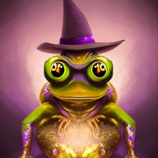 Image similar to A professional digital portrait painting of a frog wizard, painted in the style Arcane, 4k, digital art, trending on cgsociety, highly detailed, upper body shot, shallow depth of field, purple and yellow lighting, professional lighting, airbrush