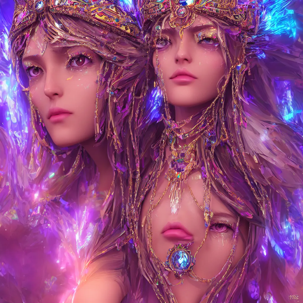 Prompt: close up face portrait highly detailed beautiful symmetrical face high priestess intricate elegant detailed crystal jewellery with tribal feathers, lush colourful volumetric lighting, anime digital painting, concept art, smooth, sharp focus 3 d, divine realm of gods, realistic cinematic style, octane render, photographic, unreal engine 8 k