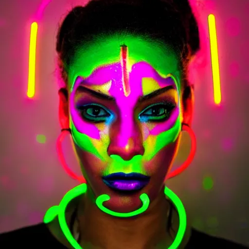 Image similar to a woman with glowing neon face paint on her face, cyberpunk art by Chinwe Chukwuogo-Roy and Ross Tran, featured on pexels, afrofuturism