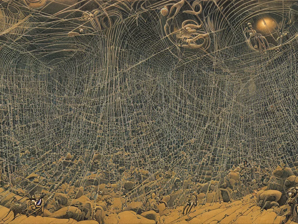 Prompt: Iridescent spider metropolis in the labyrinth infinite cave. Painting by Moebius, Escher, Alfred Kubin, Walton Ford