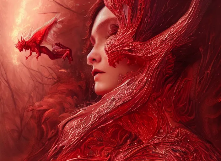 Image similar to woman loves demon, sit upon a scarlet coloured beast, pain, light effect, hyper detailed, intricate, elegant, highly detailed, digital painting, artstation, concept art, matte, sharp focus, illustration, by james jean, andrei riabovitchev, marc simonetti, yoshitaka amano