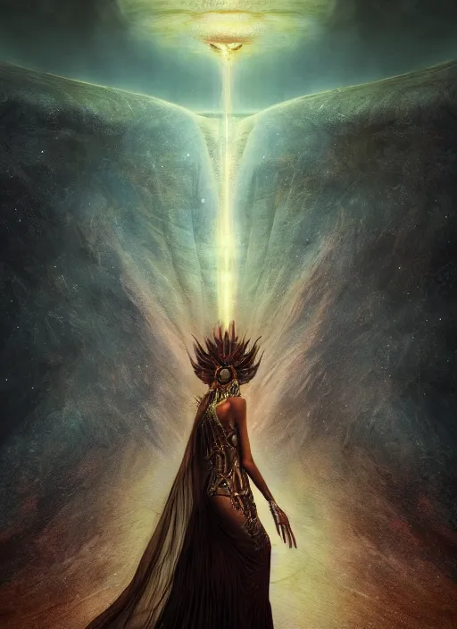 Prompt: epic portrait of menacing and anxious yet stunningly beautiful biomechanical djinn overseeing the iridescent fabric of the universe, by charlie bowater, mandy jurgens, gustav klimt, octane render, dramatic camera angle, 4k, 8k, high detail, HDR, by tom bagshaw, powerful, with inspiration from Beksinski