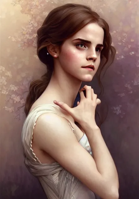 Prompt: emma watson belle, intricate, elegant, highly detailed, digital painting, artstation, concept art, smooth, sharp focus, illustration, art by artgerm and greg rutkowski and alphonse mucha and william - adolphe bouguereau