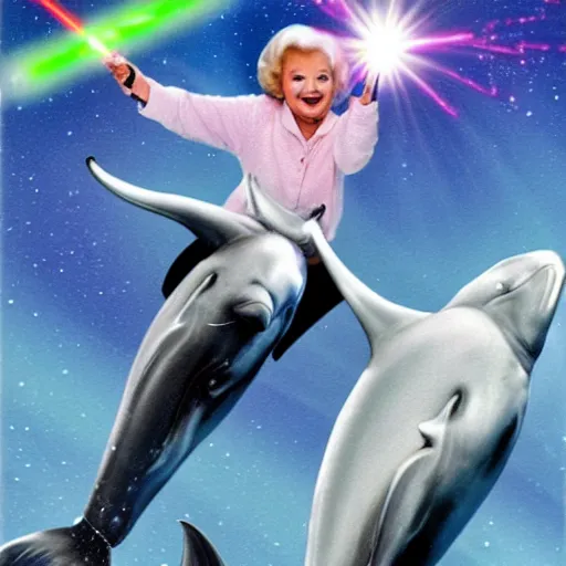 Image similar to betty white riding a dolphin in space with laser beams coming out of her eyes dual wielding lightsabers