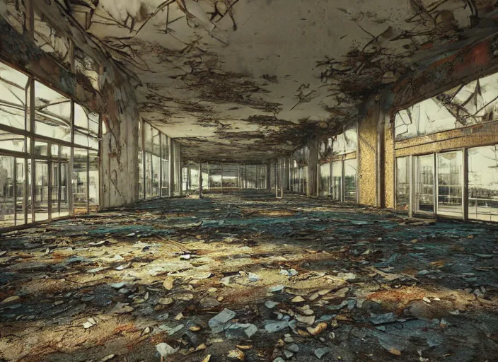 Image similar to interior of an abandoned mall in the 1 9 8 0 s, taken over by nature, nature style, hyperrealistic and beautiful painting, 8 k resolution, by hugh ferris and john smith, polished, fine detail, intricate, smooth, octane, concept art, trending on artstation