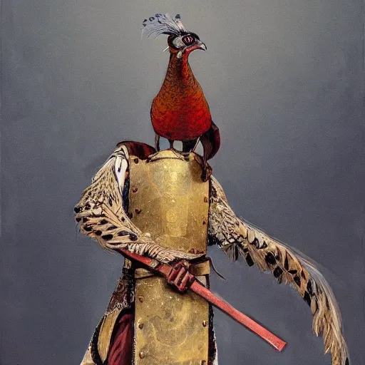 Image similar to a pheasant is girded with a belt, a sword hangs on the belt, by lily seika jones , rivuletpaper art, top cinematic lighting, cinematic mood, very detailed, shot in canon, by Viktor Vasnetsov, oil painting, harsh fairy tale, soft style, hyperrealism, beautiful, high resolution, trending on artstation, steps 50