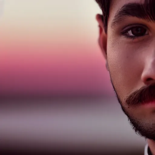 Image similar to realistic closeup of a young gentlemen's face with a mustache, 4K, beautiful, sunset