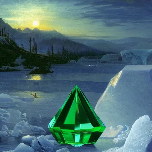 Image similar to ominous emerald crystal emerging from ice, at night, by frederic church, by kent monkman, by caspar david friedrich, king's quest, sierra games