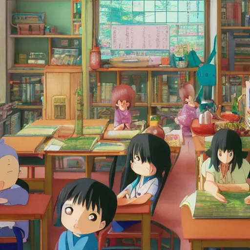 Prompt: Manga cover illustration of an extremely cute and adorable beautiful classroom full of characters and creatures from Spirited Away (2001) , 3d render diorama by Hayao Miyazaki, official Studio Ghibli still, color graflex macro photograph, Pixiv, DAZ Studio 3D