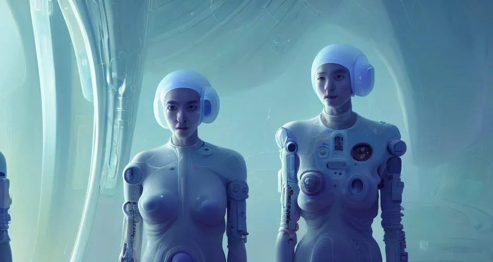 Image similar to portrait of yael shelbia and kang seul - gi, venus squid astronaut, symetrical facial, white hair, intricate design details. cyberpunk, touareg, by ruan jia and beeple. smooth gradients, deep space.