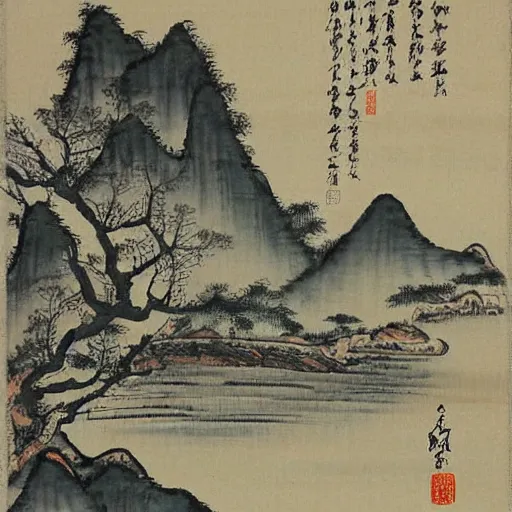 Image similar to lao tzu meditates beside a river, traditional chinese painting,