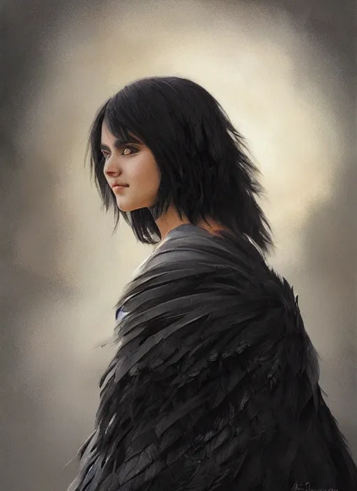 Image similar to a teenage girl with very short black hair and a huge cloak made of grey and black feathers. beautiful highly detailed face. smiling, beautiful painting by artgerm and greg rutkowski and raymond swanland, detailed portrait, closeup