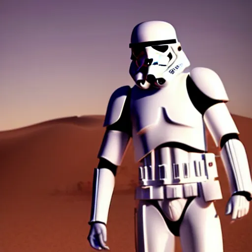 Image similar to innovative avant-garde art, deco fashion, stormtrooper, highly detailed, photorealistic portrait, serene desert setting, golden hour, crisp quality and light reflections, unreal engine 5 quality render