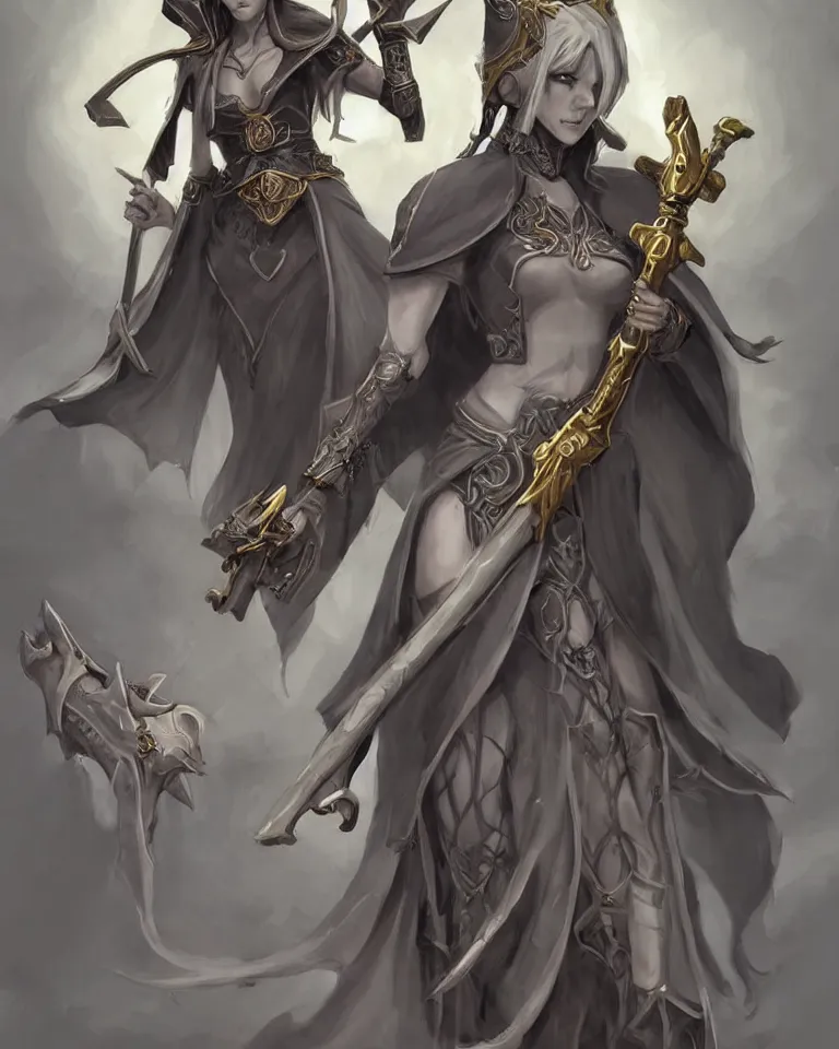 Prompt: female character concept art of tiefling cleric gunslinger holding fantasy gun wearing a nun veil with demon horns on top, full body, grey skin, fine detailed painting, demon tail, blue cleric priestess robe with golden embroidery, final fantasy character art style, game character design, dark fantasy