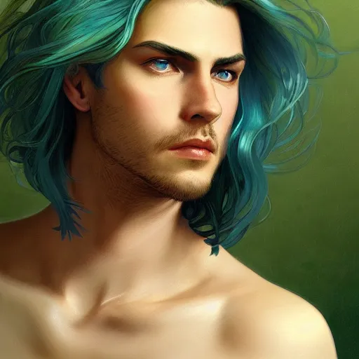 Image similar to Portrait of adult boy, blue hair flowing, green eyes, intricate, elegant, highly detailed, digital painting, artstation, concept art, smooth, sharp focus, illustration, art by artgerm and greg rutkowski and alphonse mucha