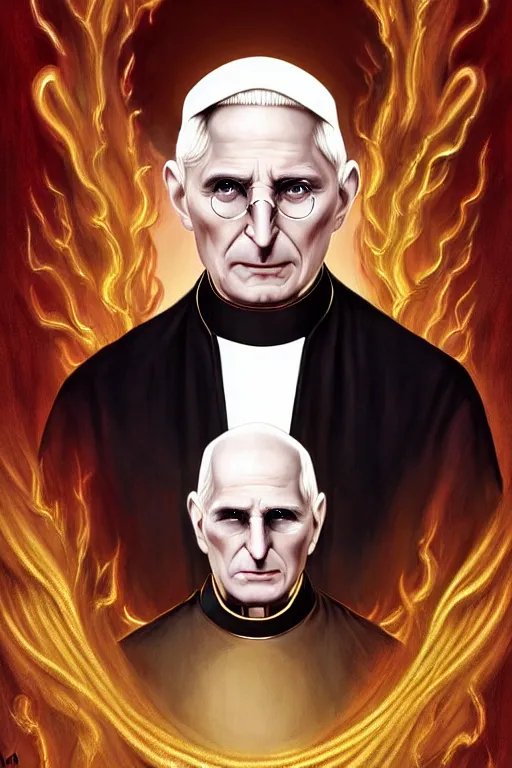 Prompt: bald pale evil sorcerer benedict xvi, steve jobs, stately and dour expression, high black turtleneck, opulent white golden red robe, white leather gloves with gold decoration, sharp focus, illustration, digital painting, art by magali villeneuve