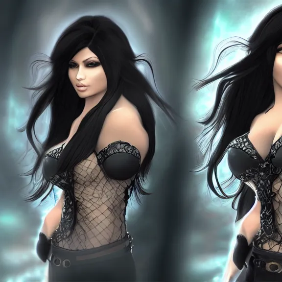 Image similar to portait of haifa wehbe, long hair centred, hd, very detailed curve, unreal engine, final fantasy style, fairy tail background