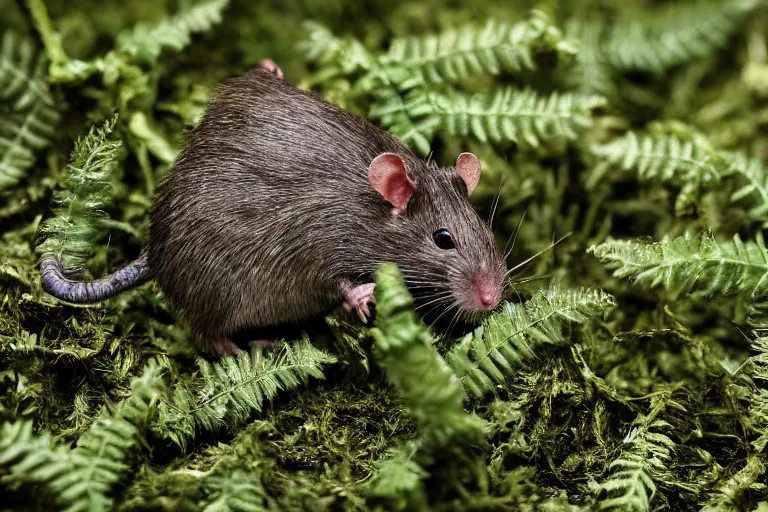 Prompt: photo, alien nightmare monster - rat chewing! thick internet cable!! in the ferns, grass and rocks, highly detailed, intricate details, volumetric lighting, close up, doom, apocalypse