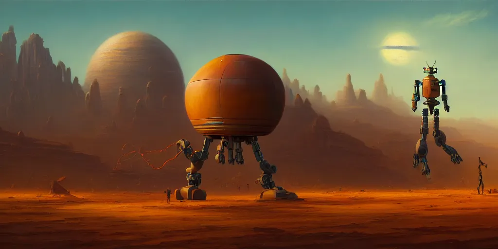 Prompt: last robot on earth, highly detailed oil painting, unreal 5 render, rhads, bruce pennington, tim hildebrandt, digital art, octane render, beautiful composition, trending on artstation, award - winning photograph, masterpiece, landscape