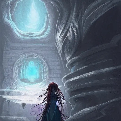 Prompt: abyss goddess looking out from a dark doorway, ultra - realistic fantasy painting, d & d, fantasy, front light, intricate, muscular, highly detailed, digital painting, artstation, concept art, smooth, sharp focus, illustration, art by studio ghibli, 8 k