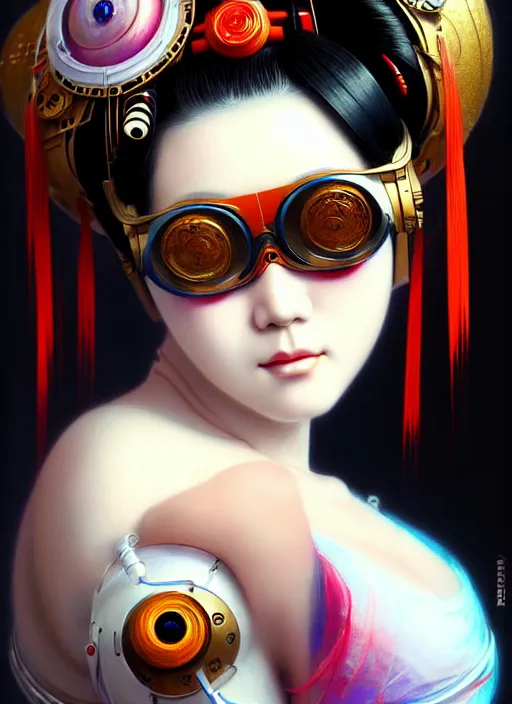 Image similar to sensual japanese geisha wearing vr eyewear, robotic, android, cyborg, cyberpunk face, steampunk, fantasy, intricate, elegant, highly detailed, colorful, vivid color, digital painting, artstation, concept art, art by artgerm and greg rutkowski and ruan jia,