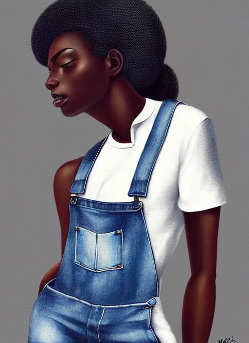 Prompt: full body portrait of beautiful black woman wearing white t - shirt and blue denim overalls, fireman's helmet, intricate, beautiful and elegant, highly detailed, digital painting, artstation, concept art, smooth, sharp focus, illustration, art by wlop, mars ravelo and greg rutkowski