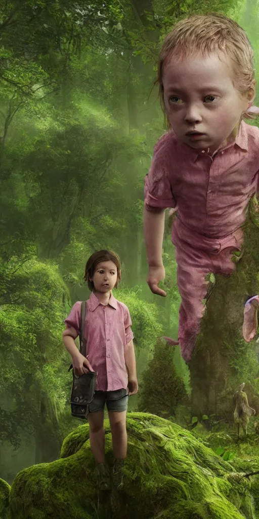 Image similar to half child half rabbit in a pink shirt, surrounded by a green forrest, moody , lovecraft, giger, ridley scott, zack snyder, Fenghua Zhong, realistic cinematic lighting, establishing action shot, ultra detailed, hyper realism, photo, octane render