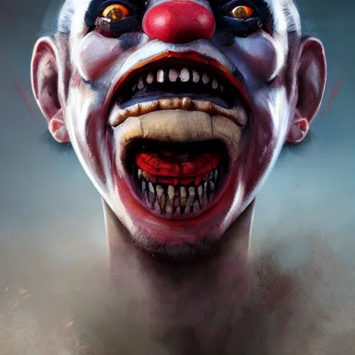 Image similar to clown warrior, pointed teeth, portrait, intricate, detailed, volumetric lighting, scenery, digital painting, highly detailed, artstation, sharp focus, illustration, concept art, ruan jia, steve mccurry