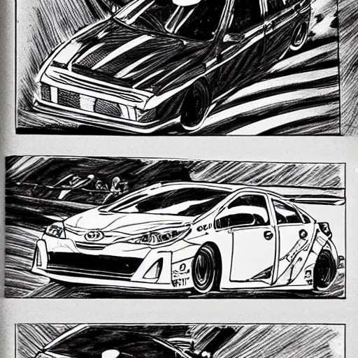 Prompt: great Dane riding in Toyota prius drifting, page from Initial D manga, ink drawing, black and white, 9