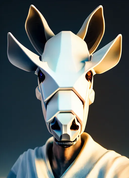 Image similar to hyper detailed ultra sharp portrait of a beautiful fashionable porcelain ivory cyberpunk scifi robo donkey with glowing eyes, up close shot, sharp focus, global illumination, radiant light, black haute couture, alexandre ferra, irakli nadar, octane render, 4 k, ultra hd,