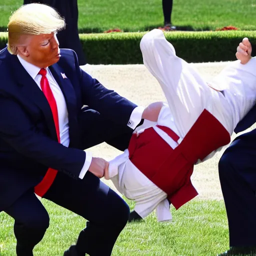 Prompt: donald trump karate chopping joe biden in the face on the white house lawn, detailed