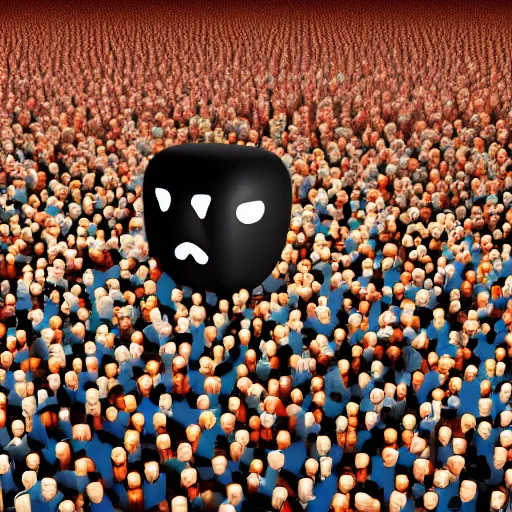 Image similar to landscape of crowd running away scared from a giant with bitcoin face, artstation, highly detailed, hyper-realistic, 8k