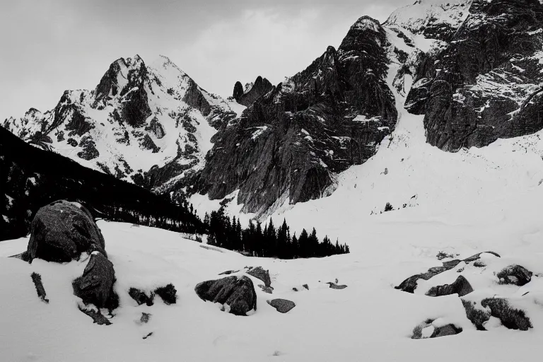 Prompt: small dinosaur, vallye, snowy peaks, by ansel adams, black and white, old, master photography