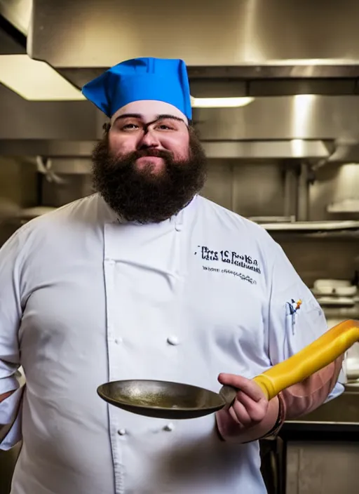 Image similar to portrait photo still of real life school chef jerome mcelroy fat bearded with chef hat in school cafeteria holding a ladel, 8 k, 8 5 mm, f. 1 4