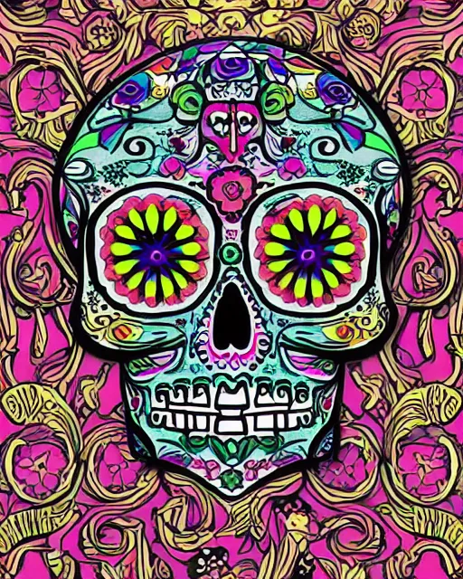 Prompt: dia de los muertos theme multicolor line art sticker in the styles of artemio rodriguez, lisa brawn, and gustave bauman, intricate, accurate facial details, profile picture, hard outline, vector graphic, vibrant, whitespace border