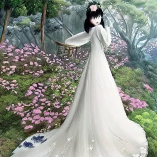 Image similar to a beautiful wedding dress, chinese style, ghibli style - n