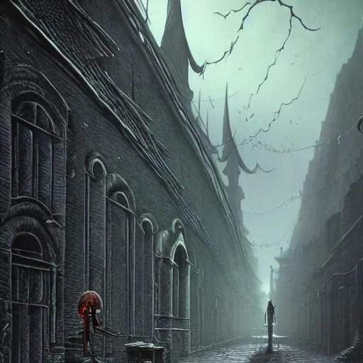 Image similar to bloodborne alleyway in the style of zdzisław beksiński