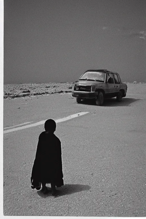 Image similar to photo polaroid of sad and lonely child in the middle of the street, sahara desert, loneliness, black and white ,photorealistic, 35mm film,